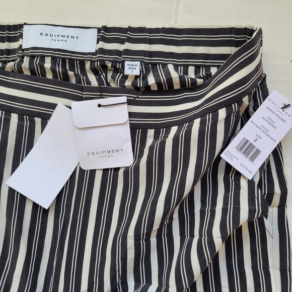 New $375 Equipment Femme Aeslin Striped 100% Silk Straight Pant Sz 2 Black White - Picture 8 of 11
